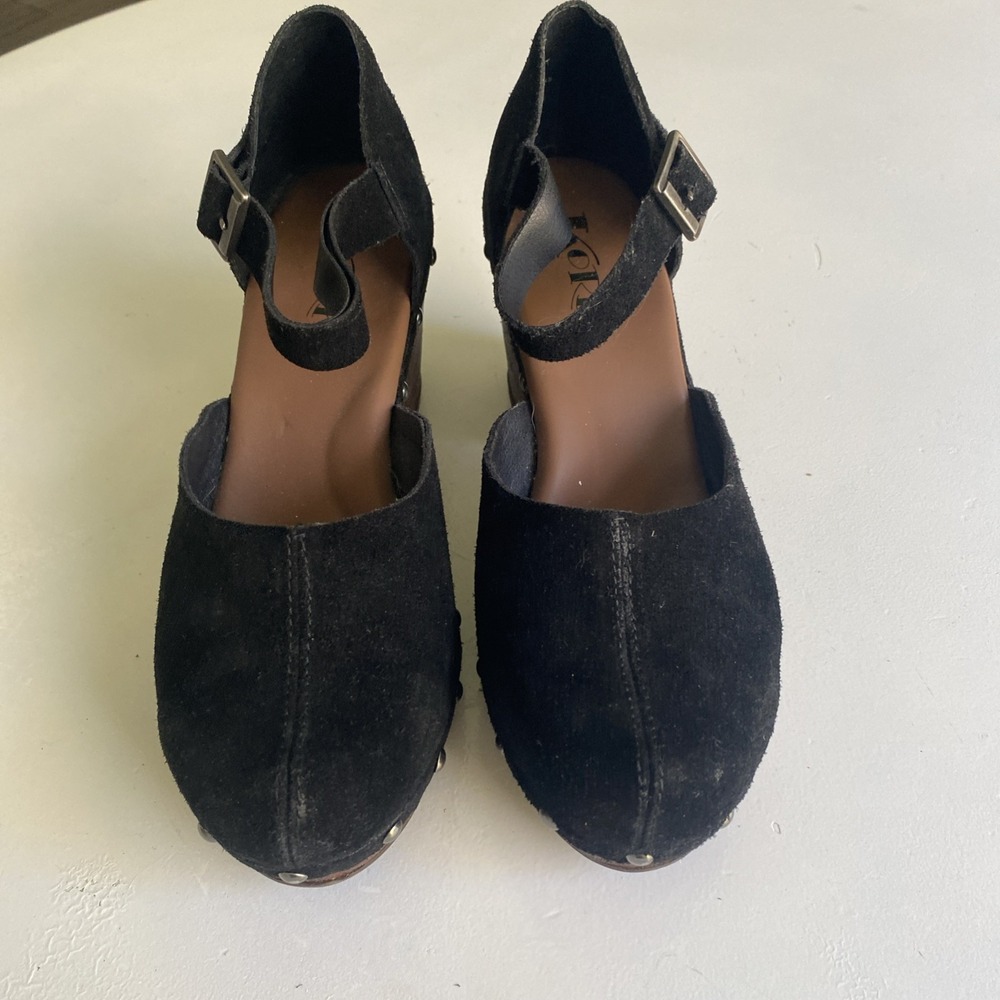 KORKS 'Evah' Black Leather Suede MJ Platform Clogs w/3.25" Heels Sz. 7M - Picture 4 of 12